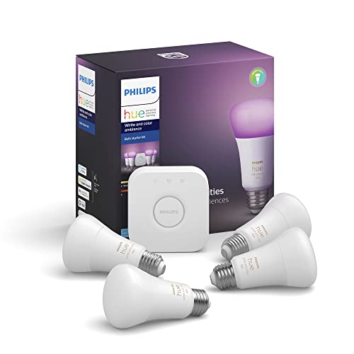 Philips Hue A19 LED Startovací sada inteligentní žárovky, 4 Žárovky A19, 1 Hue Rozbočovač, vícebarevný, 5 Kusová sada