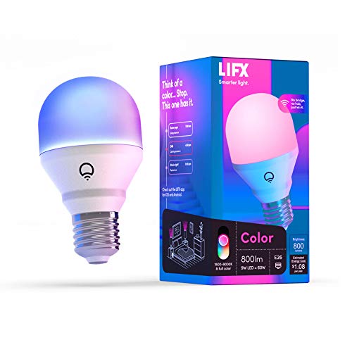 LIFX Barva A19 800 lumenů, Miliardy barev a bílé, Wi-Fi Chytrá LED Žárovka, Není potřeba žádný most, Funguje s Alexa, Hey Google, HomeKit a Siri.